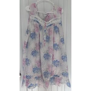 Eileen West Nightgown Cotton Poplin Floral 3X  Cottage Core Feminine Pink Blue